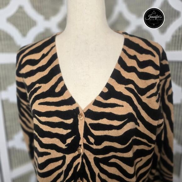 Nina Leonard Dress Black & Tan Lambswool Angora Animal Print Cardigan Size M - Picture 3 of 8
